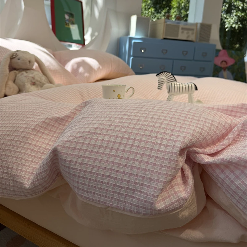 易安阁ins少女心水洗棉提花粉色格子四件套纯棉1.5m1.8米三件套