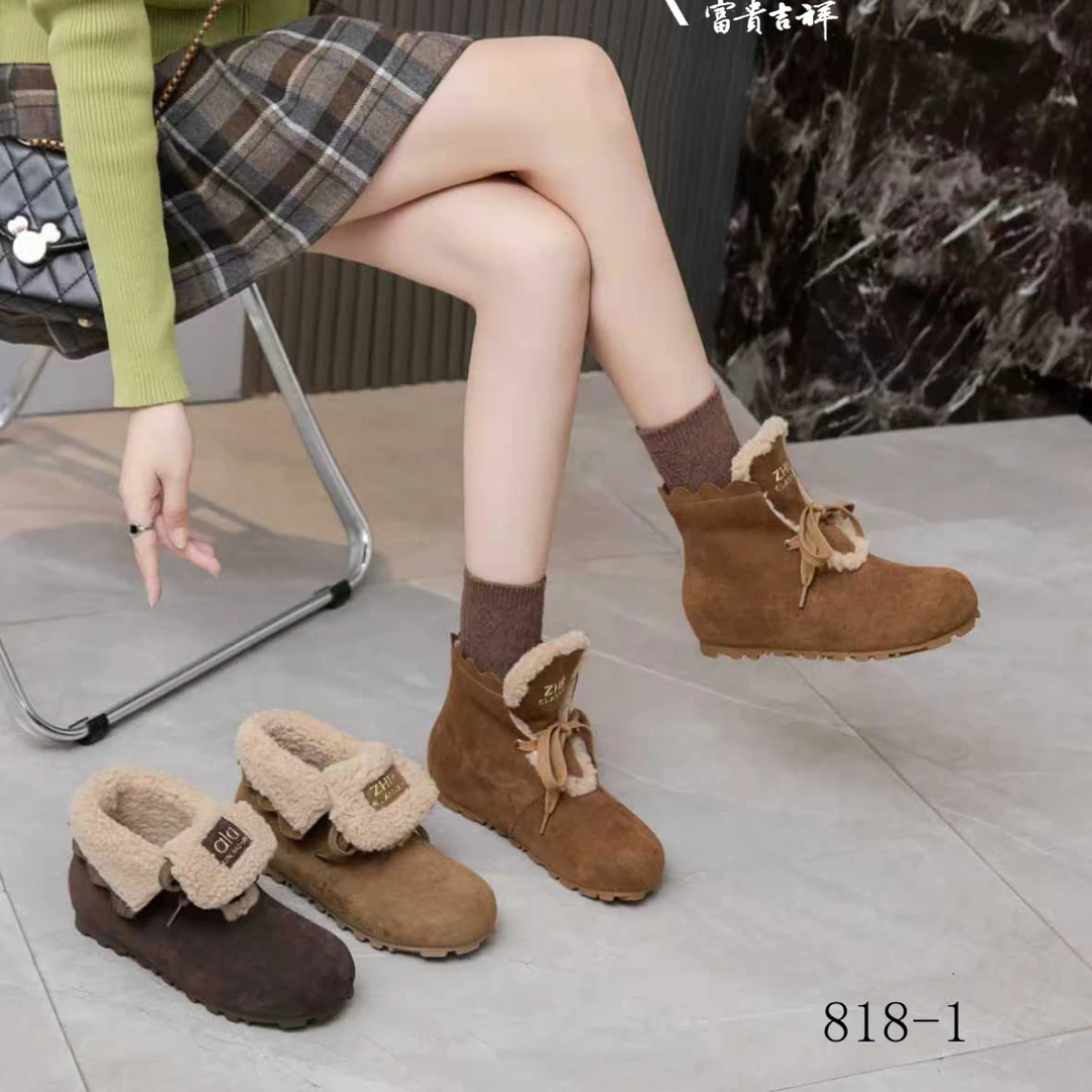 拼色冬季学院丝带支撑短筒时尚雪地靴胶粘日式保暖