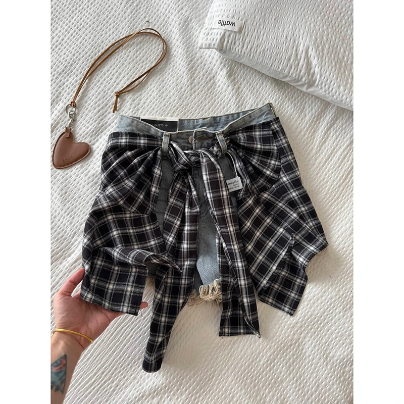 叠穿格子屁帘牛仔短裤两件套女夏季设计感辣妹高腰美式做旧热裤子