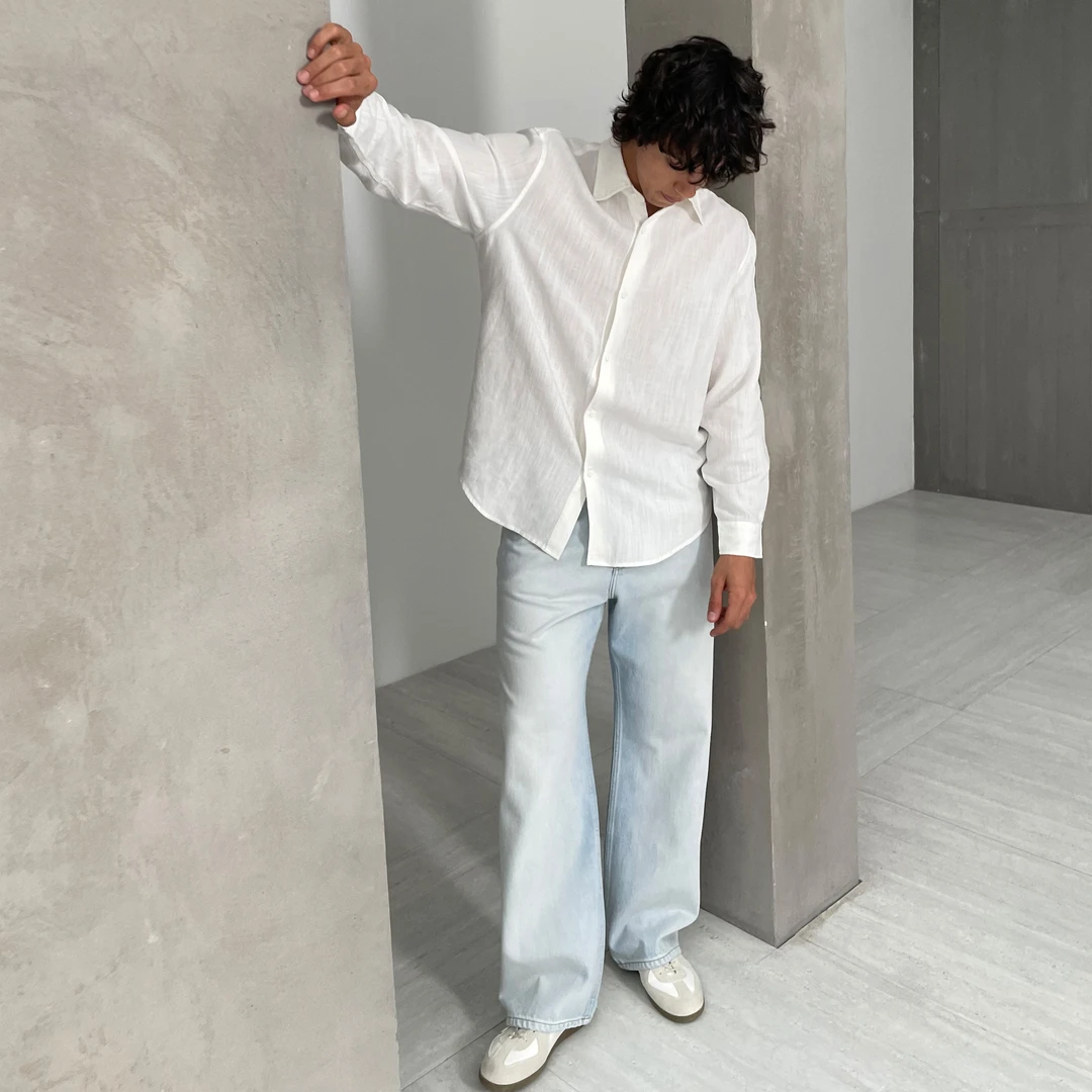 haonanhuang 冰蓝霜感晕染洗水磨白复古纯棉微宽松直筒牛仔长裤