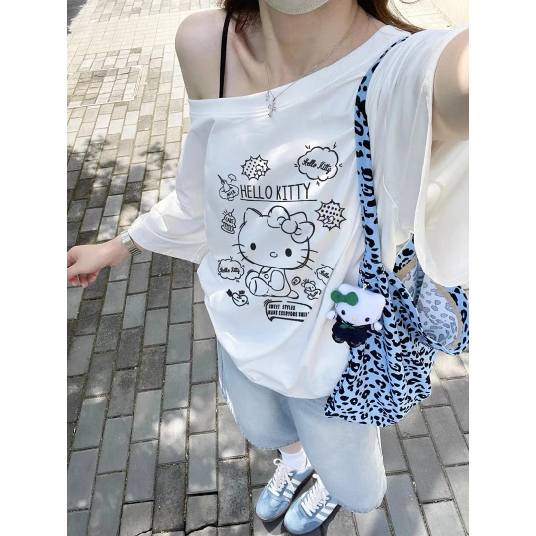 【运补6】美式复古kitty斜肩短袖t恤女夏季宽松露肩辣妹设计感上衣