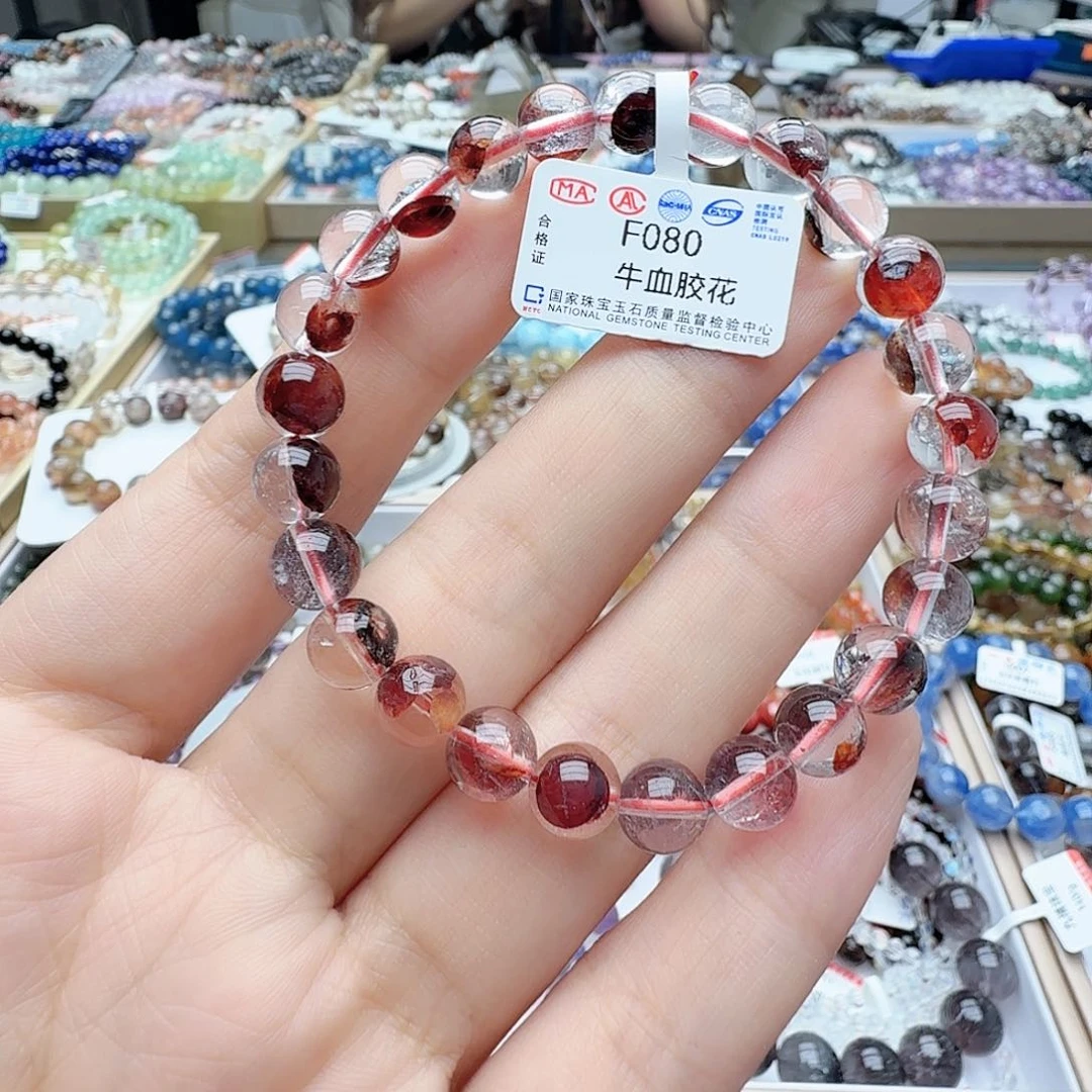 水晶手链未镶嵌F080牛血红胶花7.4mm
