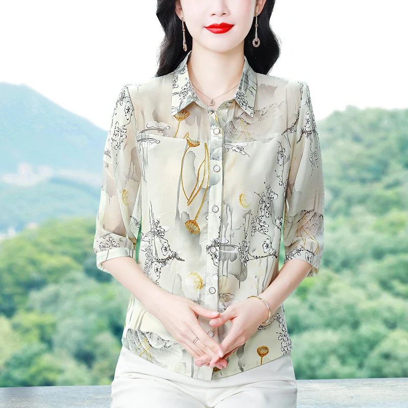 气质上衣2025夏季新款时尚印花七分袖衬衫减龄显瘦气质女洋气百搭