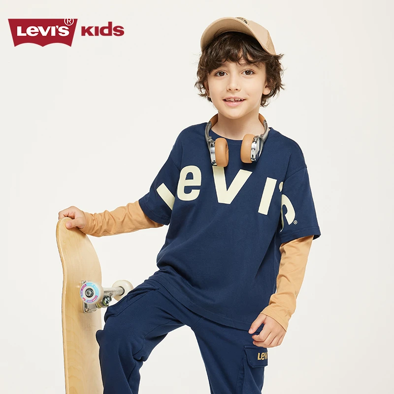 levis李维斯儿童假两件春季圆领长袖休闲宽松套头卫衣男童F160