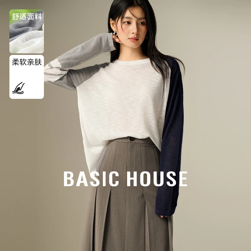 Basic House/百家好新款慵懒风复古撞色拼接女针织衫-B0624S5Y132
