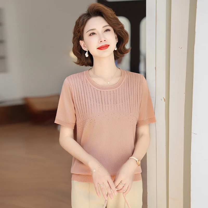 洋气妈妈夏装短袖中年女冰丝T桖时尚显瘦中老年女装夏季小衫上衣