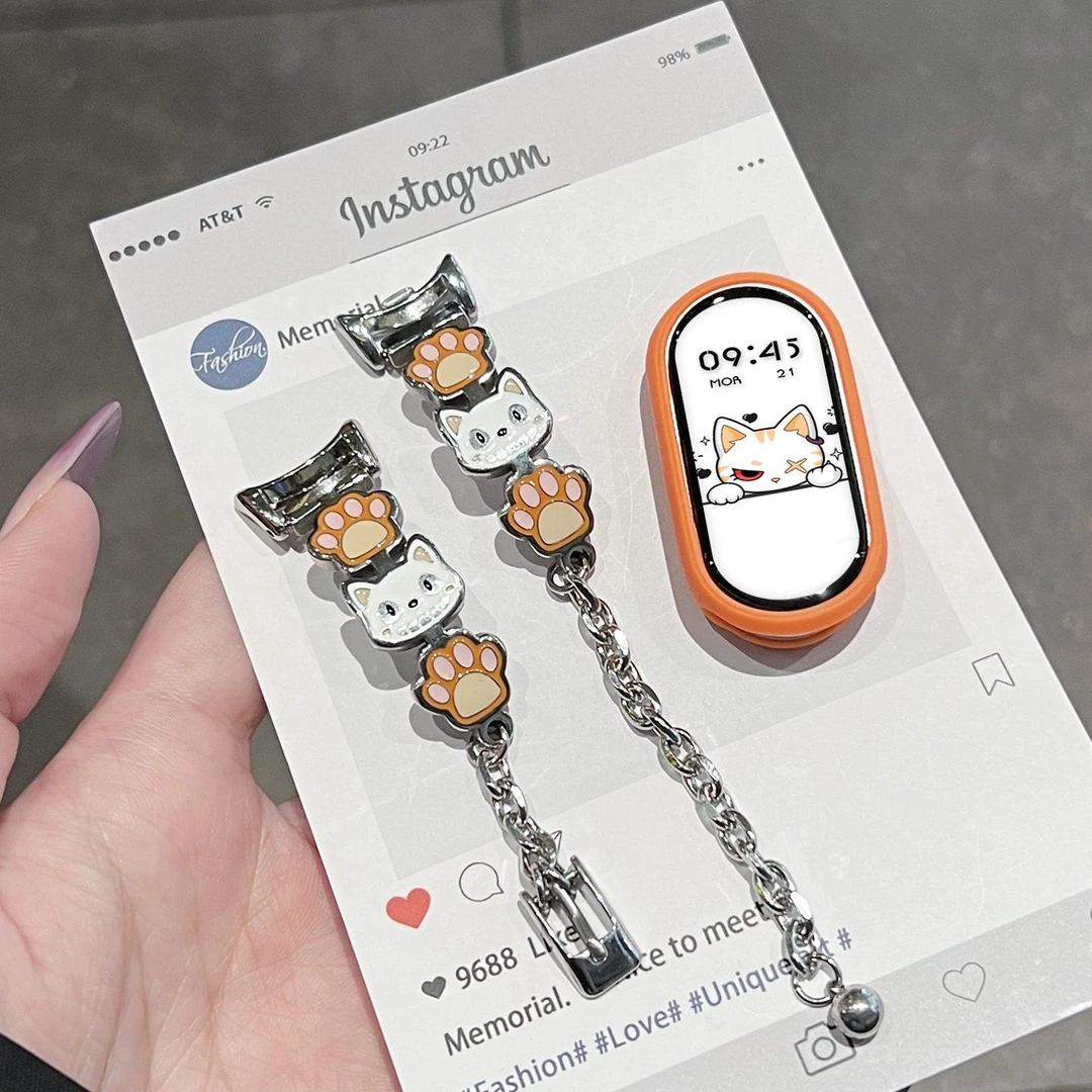 iboann橙粉猫爪弯片适用小米手环10表带9新品8nfc金属7/6串珠新品