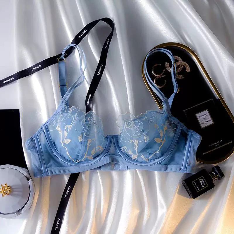 纯欲性感内衣裤女大胸透明蕾丝文胸套装秋冬超薄款情趣胸罩防下垂