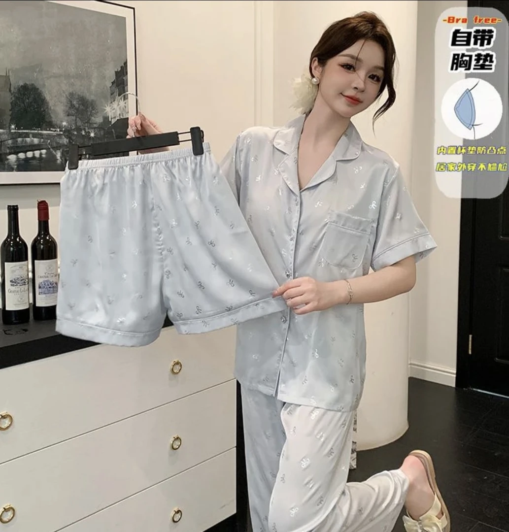 【101-169】夏季短袖带胸垫三件套冰雪丝时尚睡衣女可外穿家居服