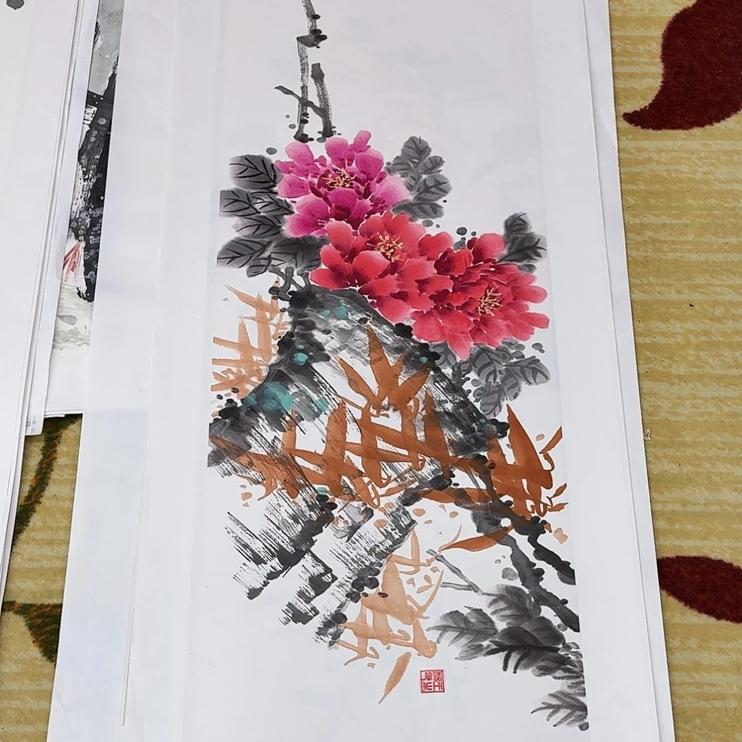 国画四尺对开花鸟