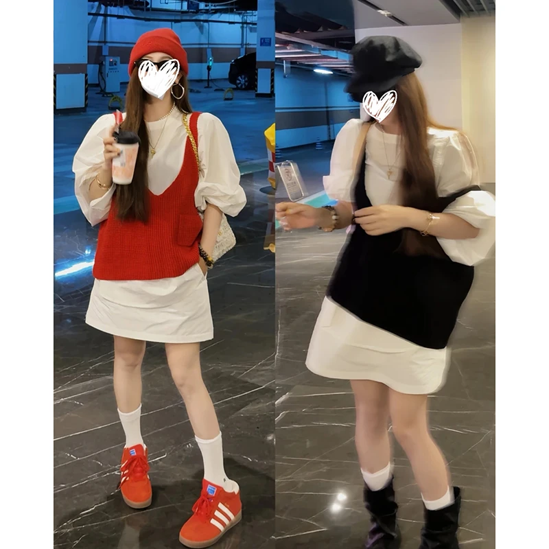 【韩女多巴胺~】秋季时尚百搭新款两色针织背心白衬衫两件套