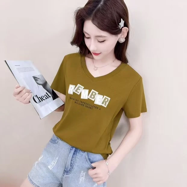 新品短袖T恤V领字母725895时尚休闲百搭半袖修身