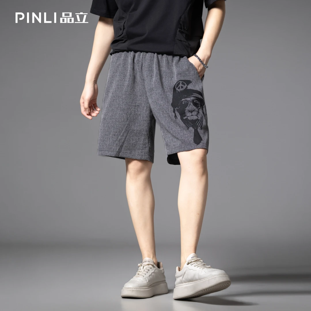PINLI品立夏季印花宽松直筒短裤休闲男百搭运动五分裤B252117087