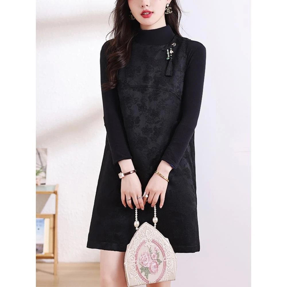 新中式国风洋气马甲连衣裙女春秋大码中长款减龄百搭遮肚子裙子女