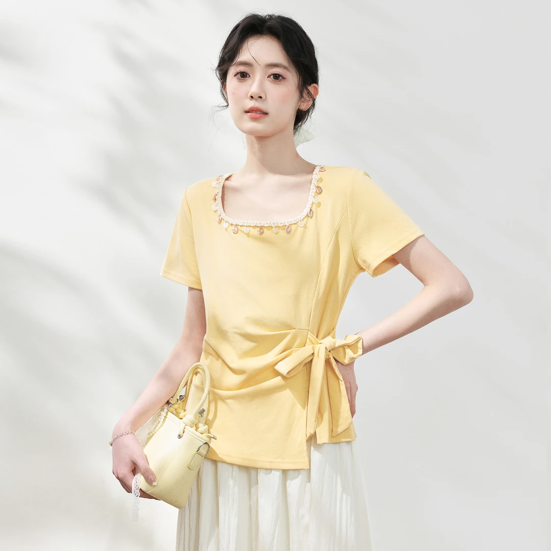 黄色方领短袖T恤女夏2025夏季新款蝴蝶结系带体恤不规则正肩上衣