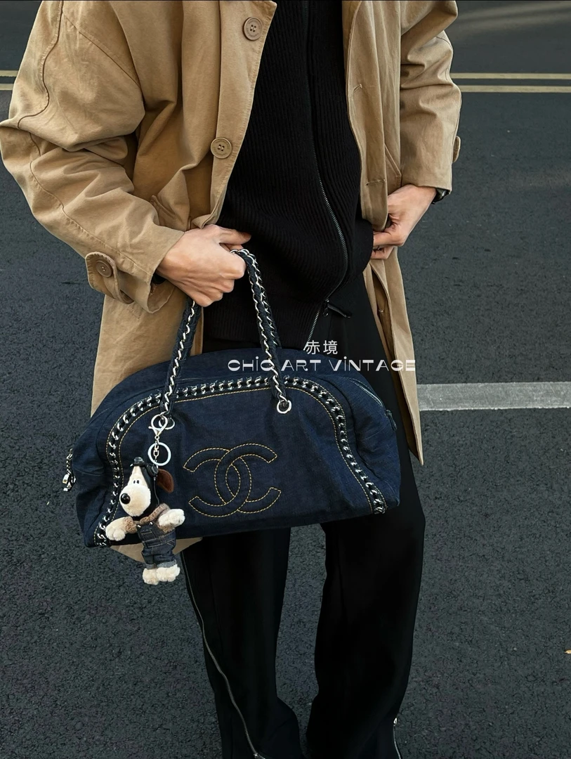 95新 Chanel/香奈儿 7735 蓝色牛仔金属滚边保龄球手提包05-06
