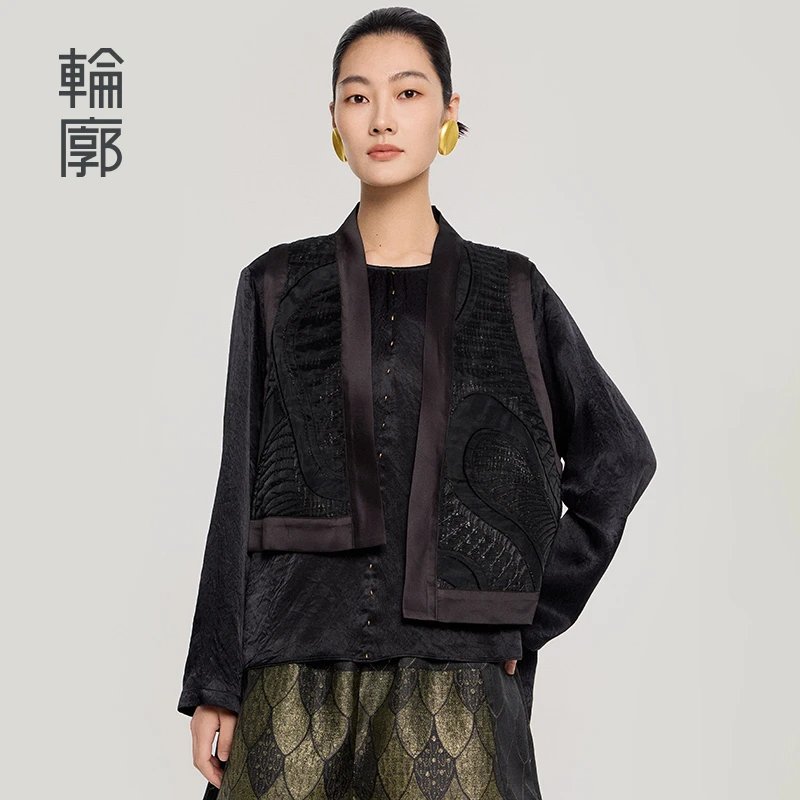 轮廓千秋岁黑色复古提花马甲L251Y051时尚休闲短款拼接宽松马夹