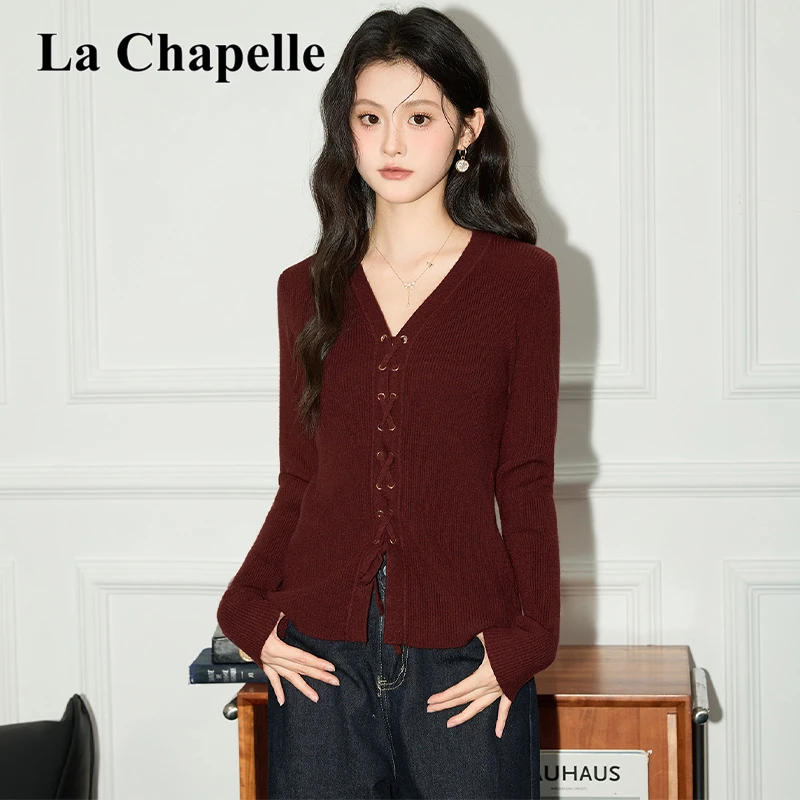 拉夏贝尔2025秋冬季韩系抽绳长袖针织衫女修身显瘦打底衫百搭毛衣