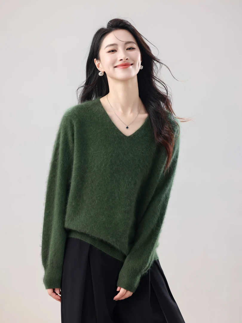 霓町秋季新款进口岛精一线成衣水洗羊毛羊绒拉绒V领羊绒衫