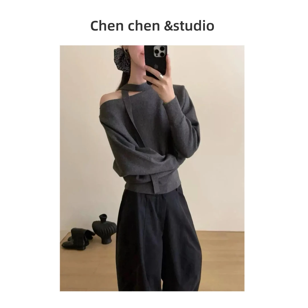 【露肩飘带针织衫】女秋冬法式宽松慵懒风百搭显瘦针织上衣
