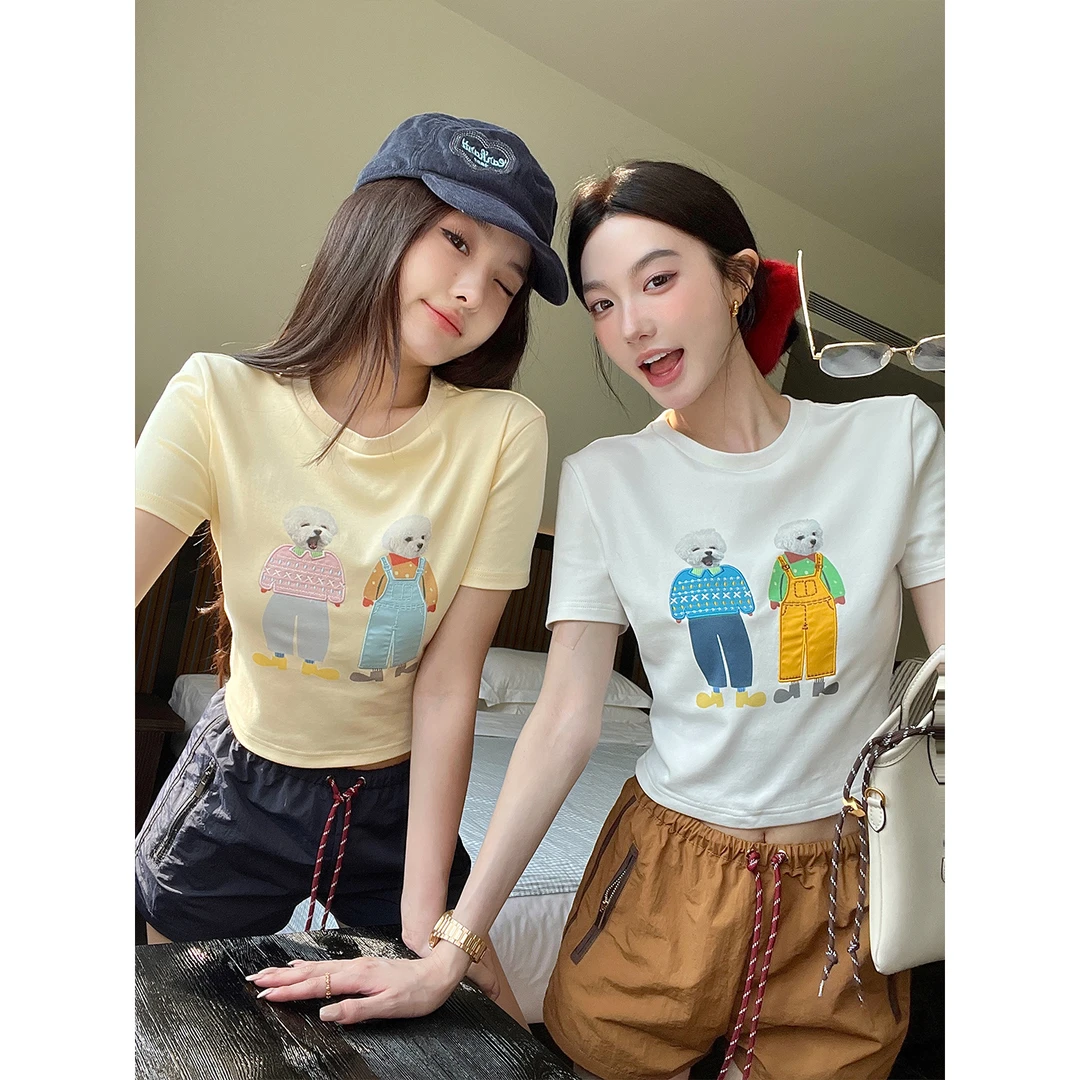 区区欧阳 小狗印花短袖T恤女夏季新款辣妹修身显瘦正肩圆领上衣