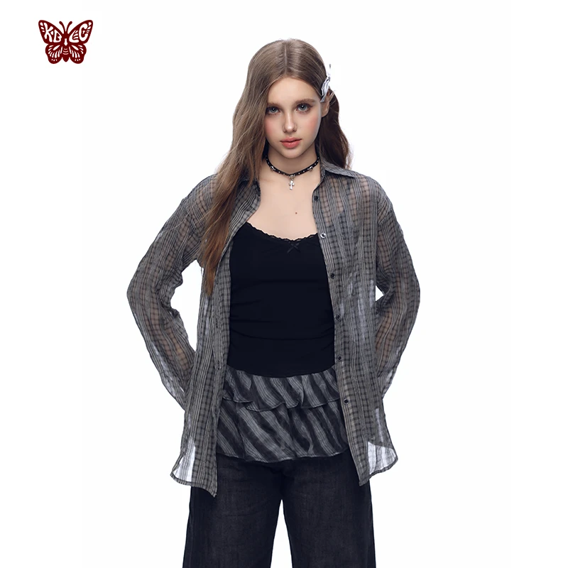 KBLC25春夏复古格纹透视网纱绑带蝴蝶烫标物理防晒衬衫