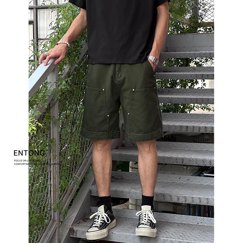Entong美式复古宽松铆钉薄款五分工装休闲短裤男生潮牌伐木中裤子