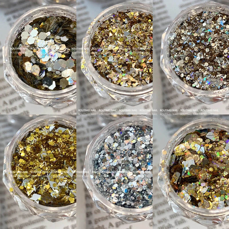 爆闪渣女金美甲饰品镭射细闪渐变亮片不规则新款DIY批发指甲素材
