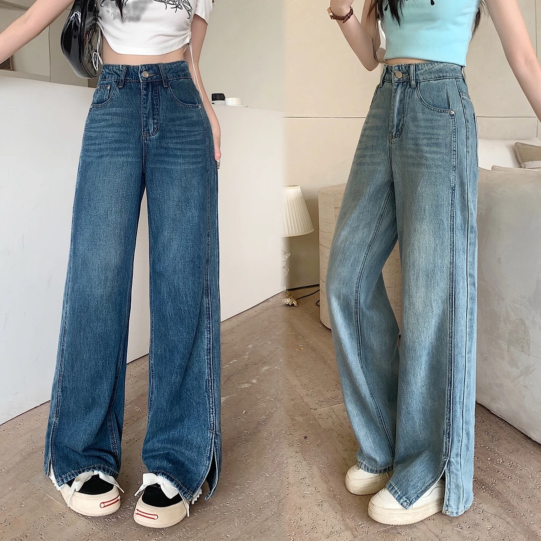 洋开心【随性超百搭】夏季新款胖mm大码高腰百搭开叉阔腿裤 65440