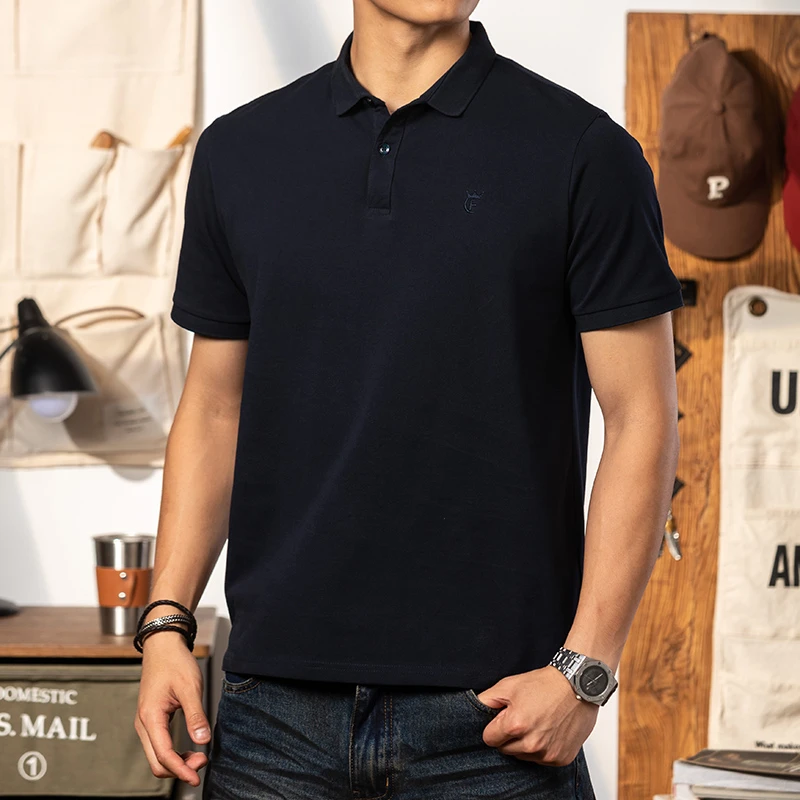 鹿畔休闲藏蓝男士POLO衫短袖男夏季美式顺滑舒适小领口翻领t恤男