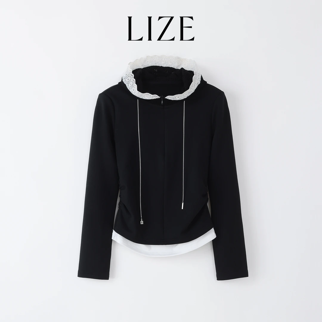 LIZE「A4腰欧尼」高定17μm超细牦牛绒.蕾丝镂花.假两件帽衫L0228