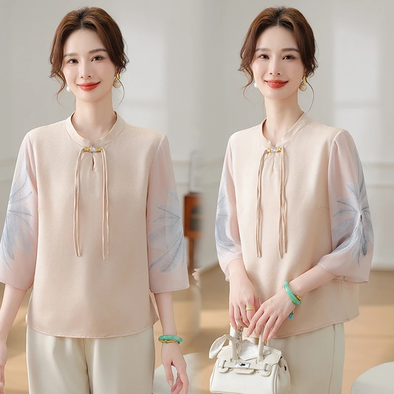 新中式妈妈春夏装洋气小衫2025新款中老年女时尚中袖T恤雪纺上衣