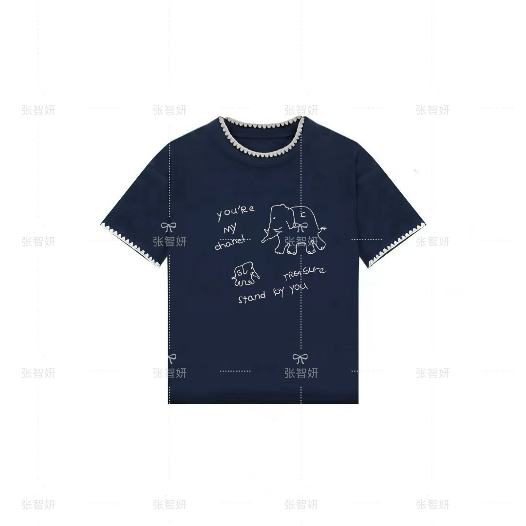 【简笔小象】2025夏季新款小象刺绣图案领边钩花毛织亲肤百搭短袖T