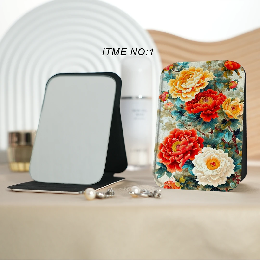 (拍1发2)随身便携化妆镜女士包包办公室家用牡丹花学生手持台镜
