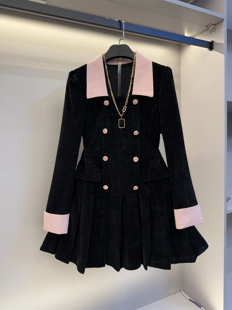 欧货翻领赫本风胖妹妹显瘦连衣裙(裙长80)