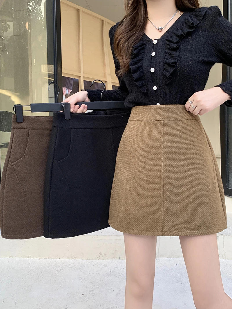 实拍2025秋季新款胖mm大码女百搭显瘦高腰A字半身裙毛呢短裙