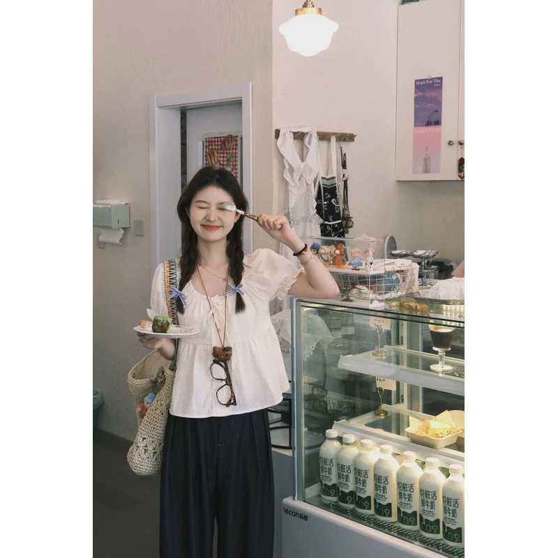 法式甜美花边娃娃衫短袖衬衫女夏季新款小个子短款泡泡袖方领上衣