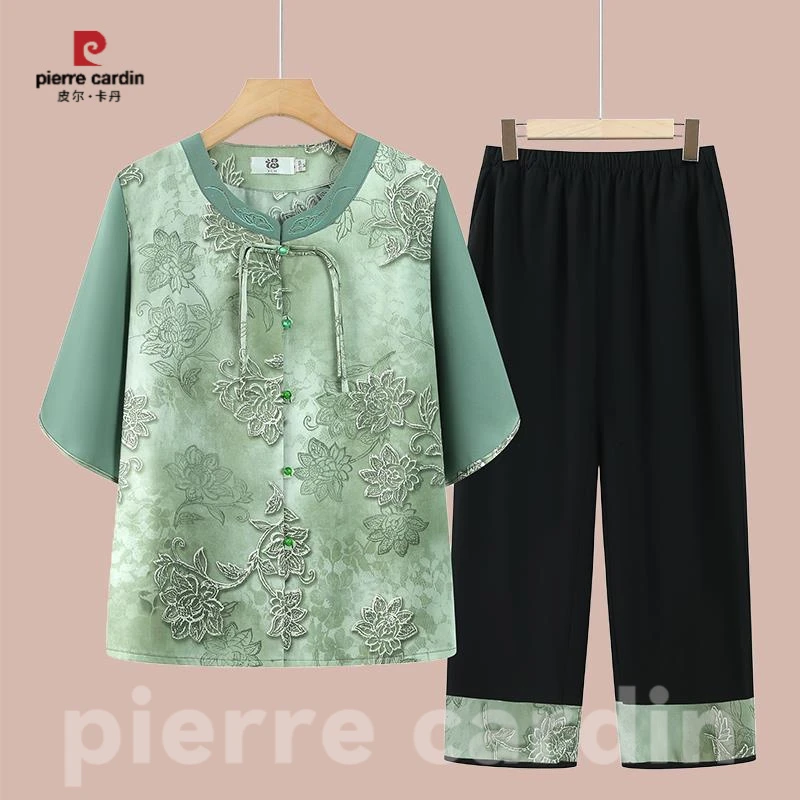 皮尔卡丹中老年女装奶奶夏装套装新款妈妈夏季国风短袖衬衫两件
