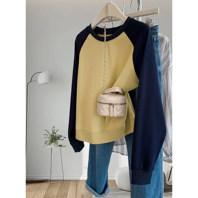 大码休闲百搭插肩袖正肩圆领加绒卫衣宽松遮肚长袖t恤女上衣ins潮