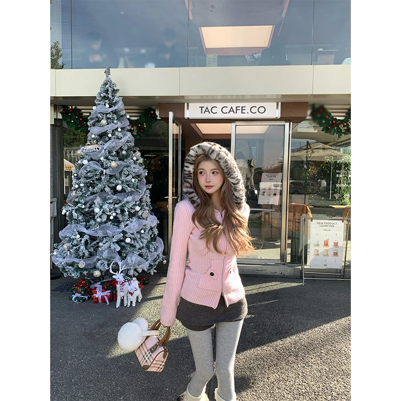 【七颗虾滑】粉色连帽豹纹毛衣外套秋冬温柔针织衫25885#