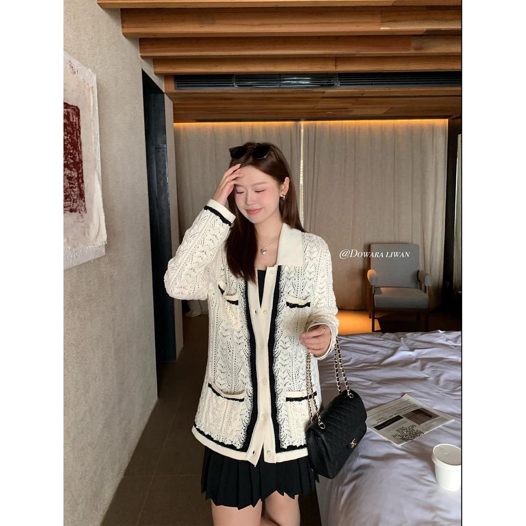 现货大婉酱微胖定制杏色镂空polo领毛织开衫慵懒风针织上衣 7923D