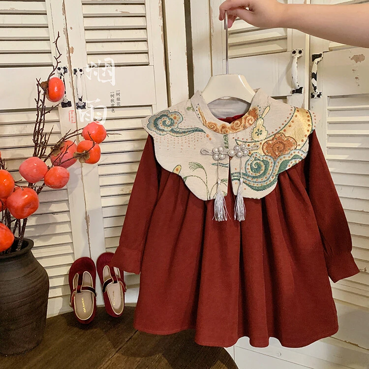 秋冬新款童装中国风洋气连衣裙宝宝礼服新年裙子儿童拜年服公主裙