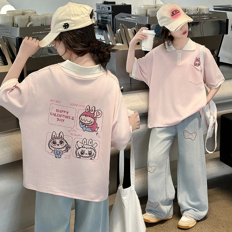 女童套装夏季2025新款洋气儿童韩版短袖大童牛仔裤夏装休闲两件套