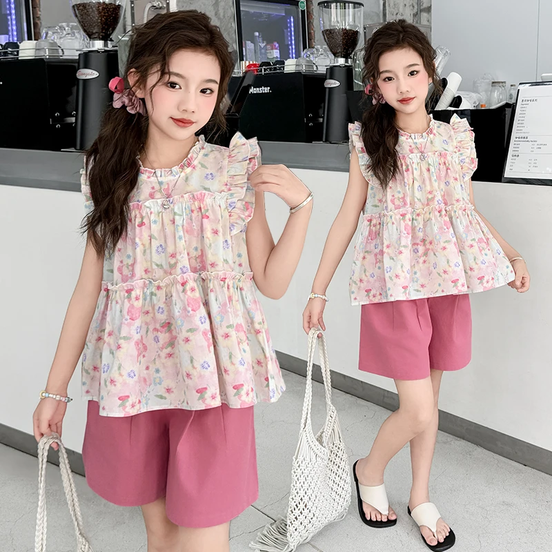 女童夏季套装2025新款儿童洋气韩系飞袖娃娃衫女孩粉色夏装短裤