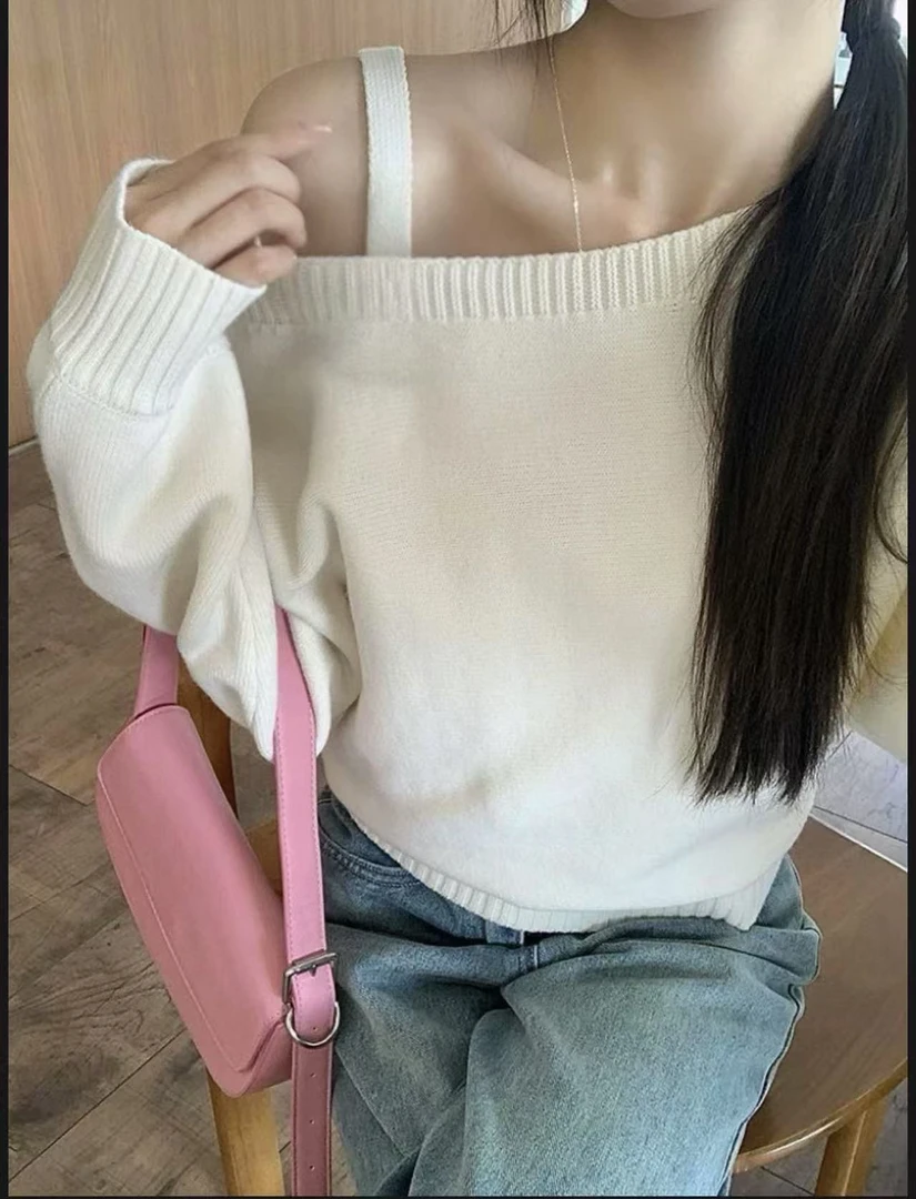 2025秋季复古气质斜领露肩设计宽松休闲百搭长袖针织衫毛衣女