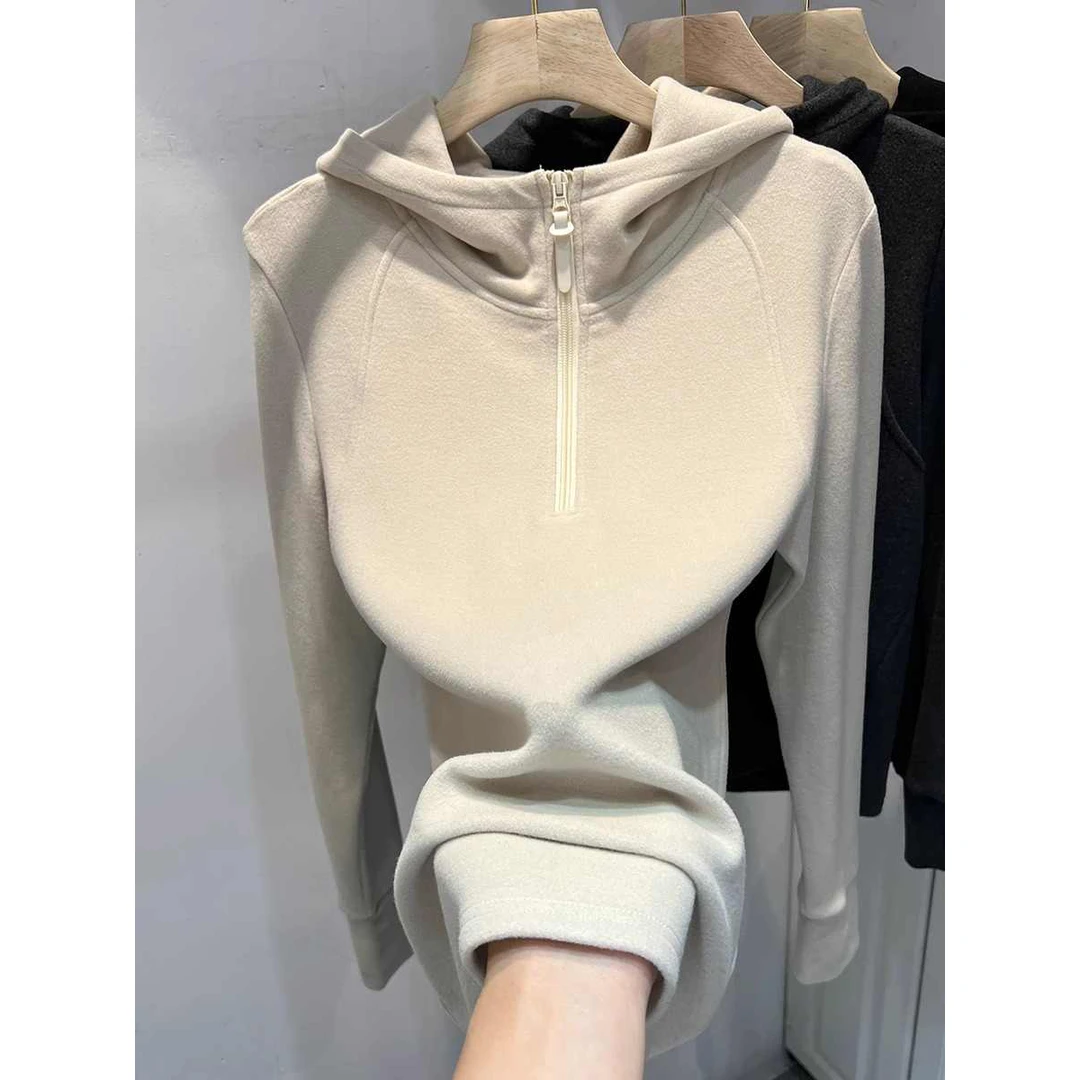 十三行女装高货！欧货半拉链双面德绒连帽卫衣女秋冬新款打底上衣