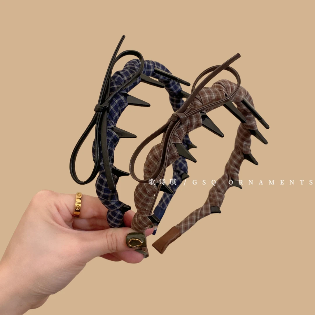 韩系复古格纹蝴蝶结倒梳发箍女2025新款气质日常外戴高颅顶头箍箍