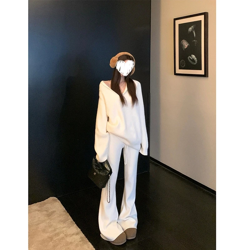 淡颜天菜 针织V领上衣慵懒毛衣休闲裤套装