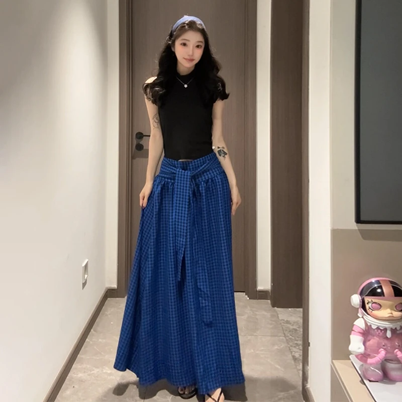 2026新款无袖修身背心上衣女夏季高腰显瘦格纹绑带半身裙韩系套装