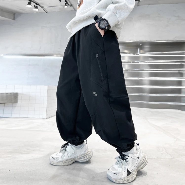 2025秋款男童束脚工装裤中大童松紧腰拉链设计长裤男童宽松休闲裤